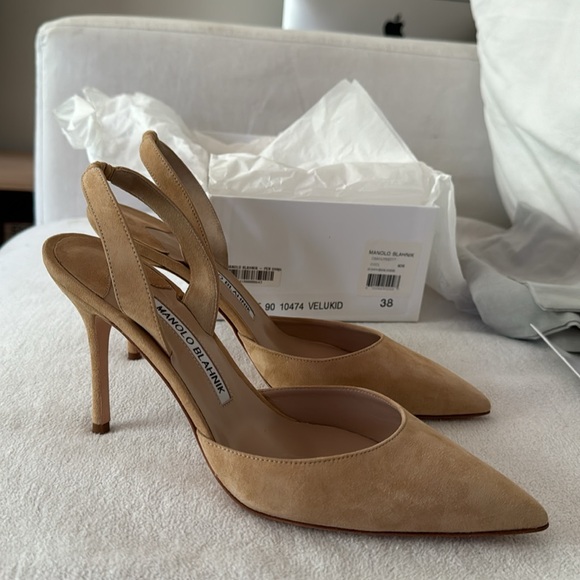 Manolo Blahnik Shoes - Manolo Blahnik Tan Suede Slingback Pumps